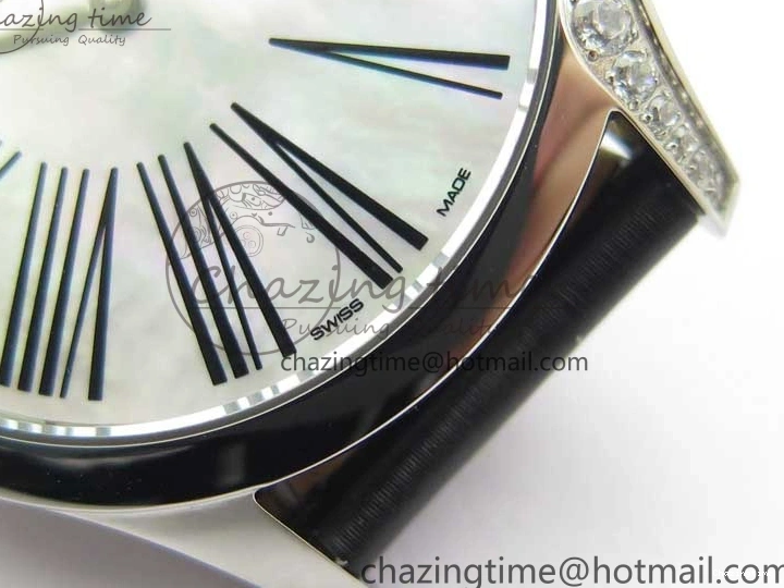 0406 ZeroBulk Ladies’ De Ville Trésor Diamond SS 3AF 1:1 Best Edition White Dial Black Markers On Black fabric strap Swiss Quartz 7880